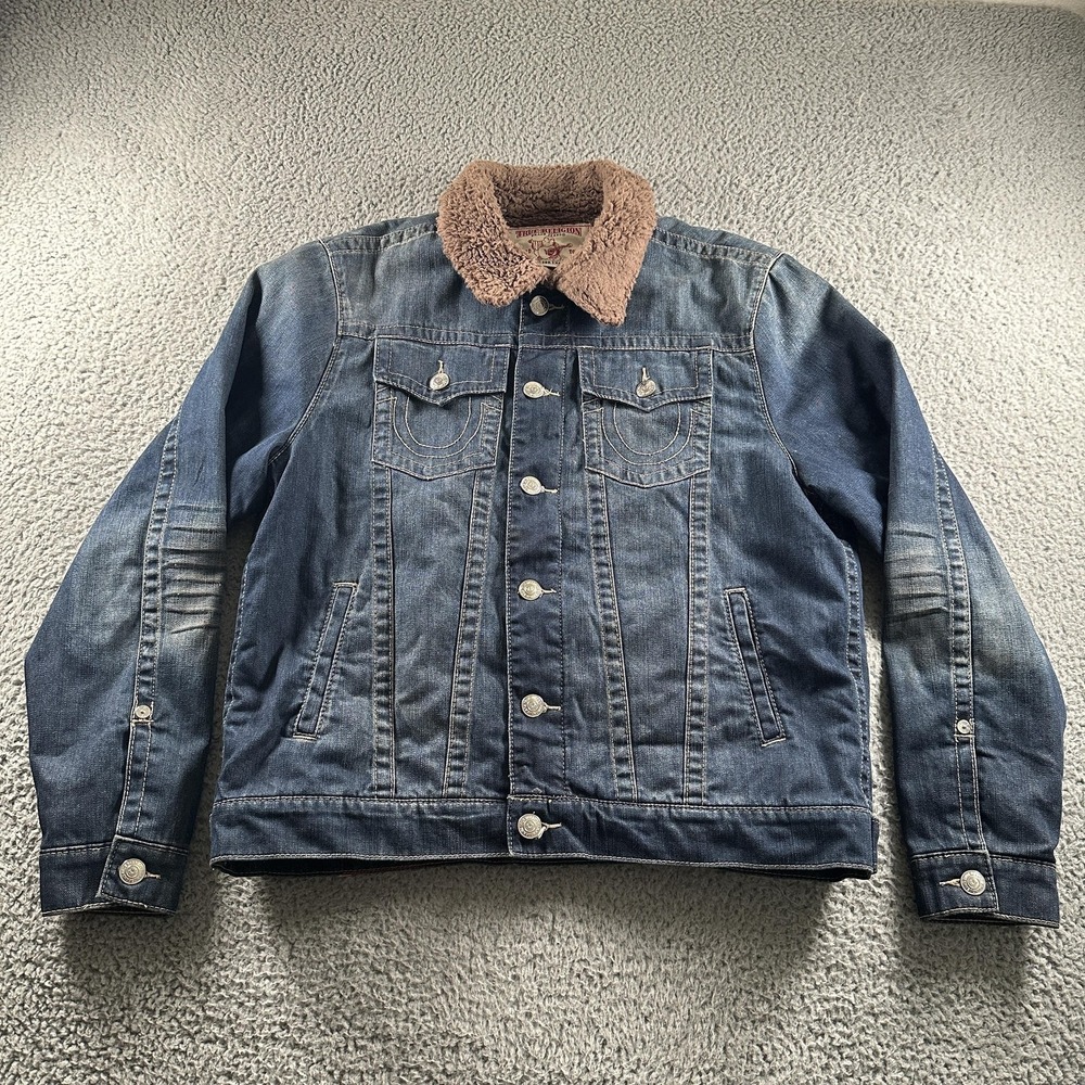 True Religion Section Trucker Jacket Mens XL Blue Sherpa Lined Denim Fleece
